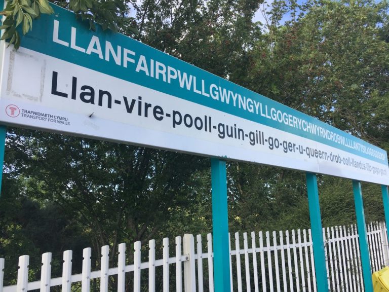 Llanfairpwll Station sign in Anglesey